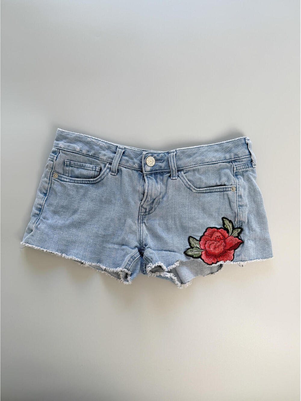 Y2K Low Rise Denim Shorts with Rose Embroidery, Micro Shorts, Indie Sleaze, 2